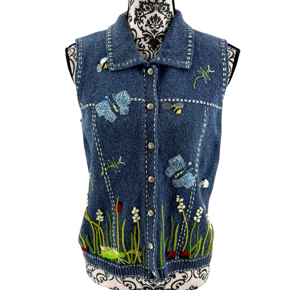 Vintage Susan Bristol Denim Knit Vest Butterfly Bee Ladybug Nature Embroidery - Picture 1 of 12